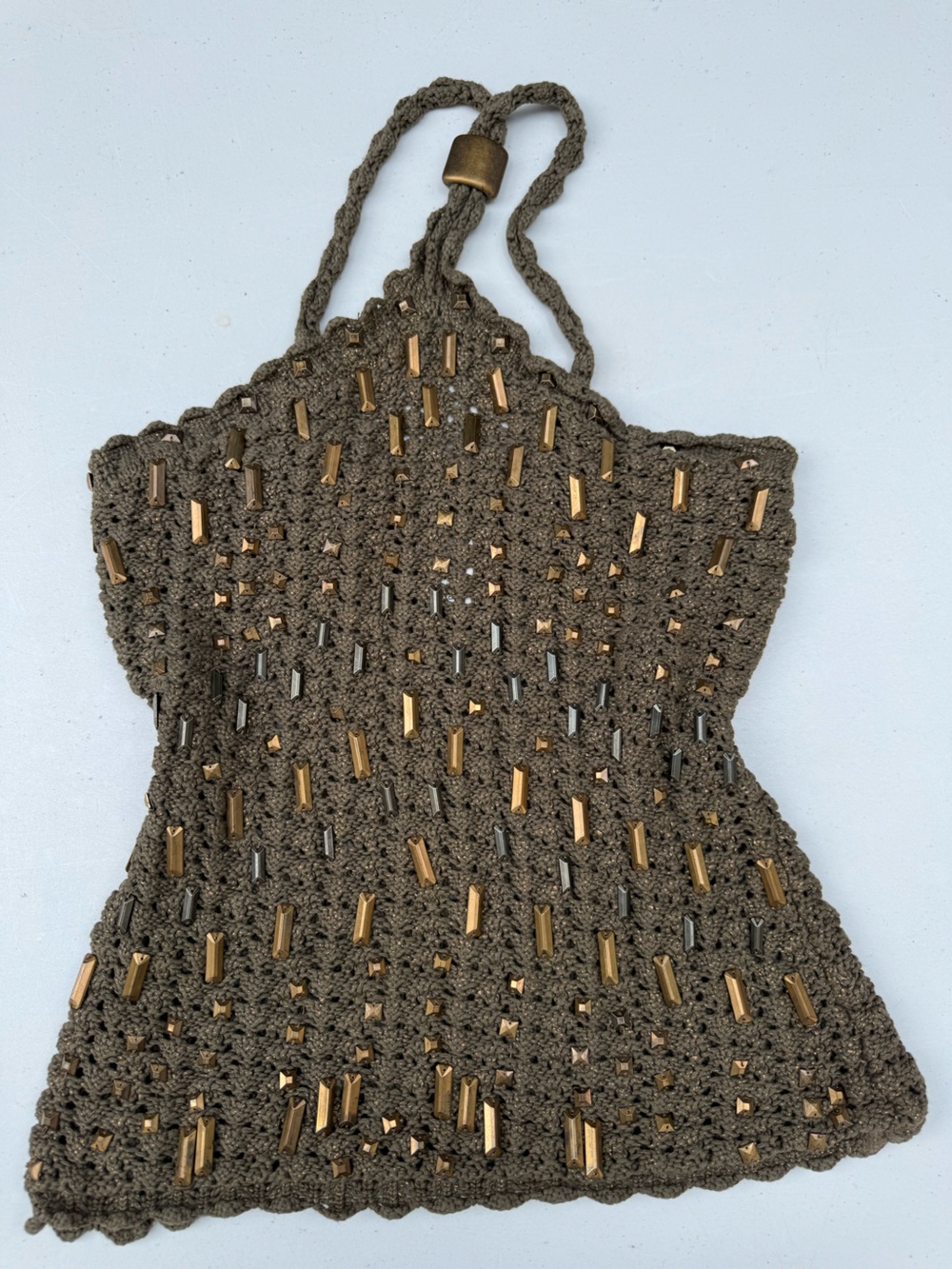 Cache Olive Crochet Beaded Vest with Gold Accents